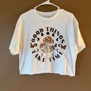Fifth Sun White Graphic Crop Tee Mushrooms Butterfly Boho Print L